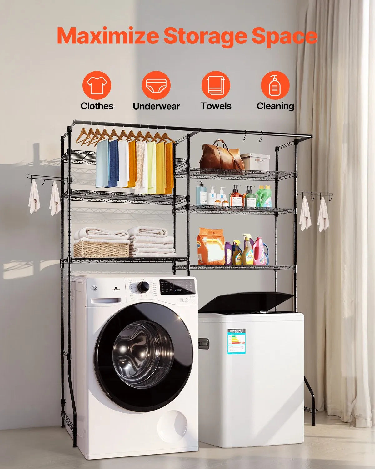 VEVOR Over Washer and Dryer Storage Shelf Two Row 6 Tiers Washer Rack Black