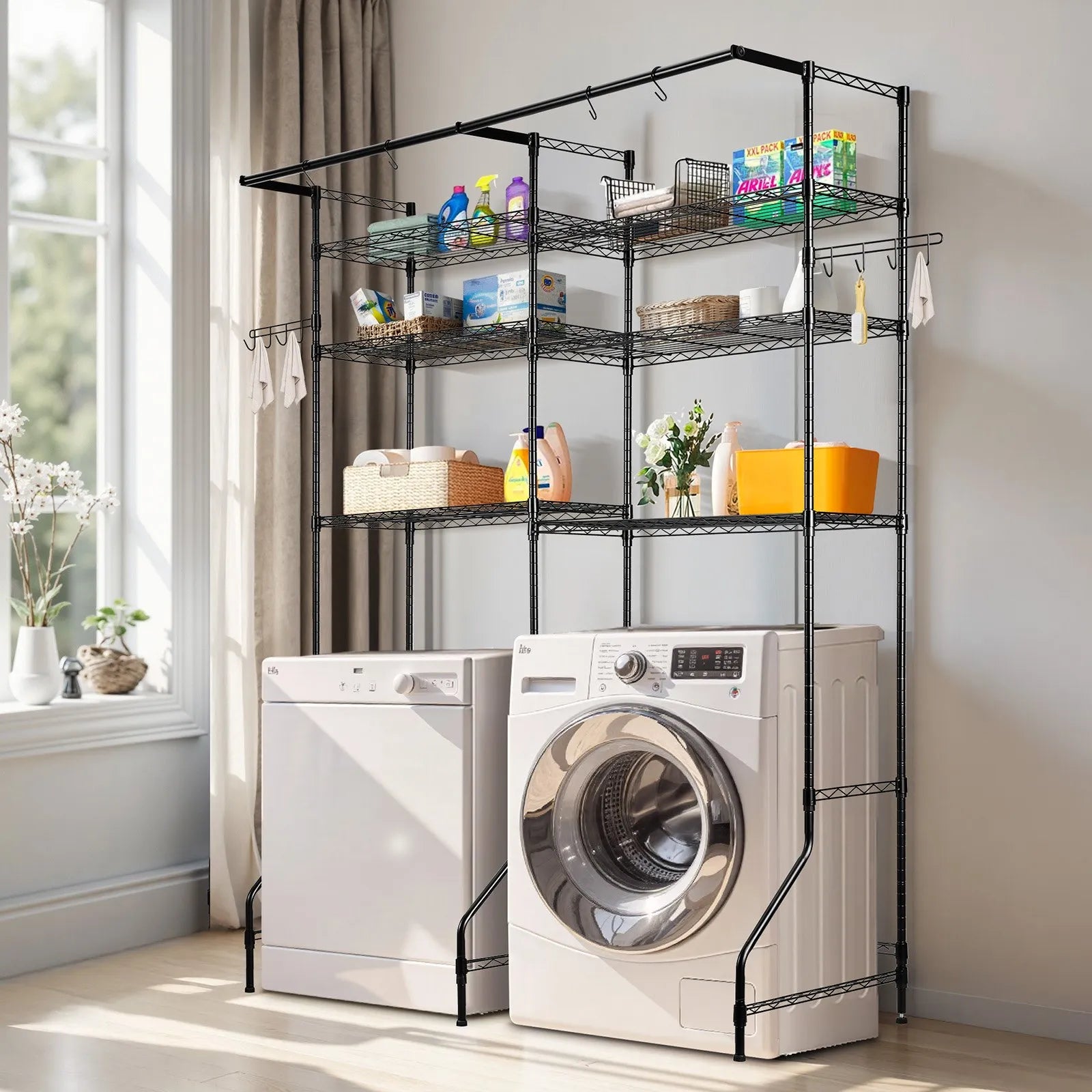 VEVOR Over Washer and Dryer Storage Shelf Two Row 6 Tiers Washer Rack Black