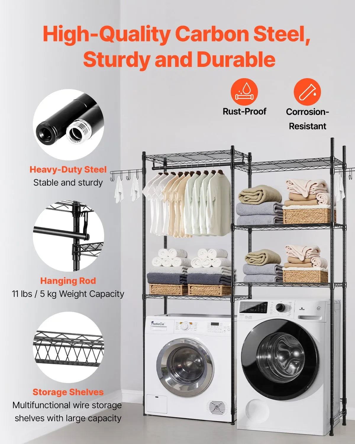 VEVOR Over Washer and Dryer Storage Shelf Two Row 5 Tiers Washer Rack Black