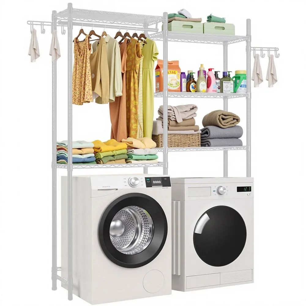 5-Tier Over Washer and Dryer Storage Shelf with Hanging Rod, Hooks & Adjustable Shelves, White