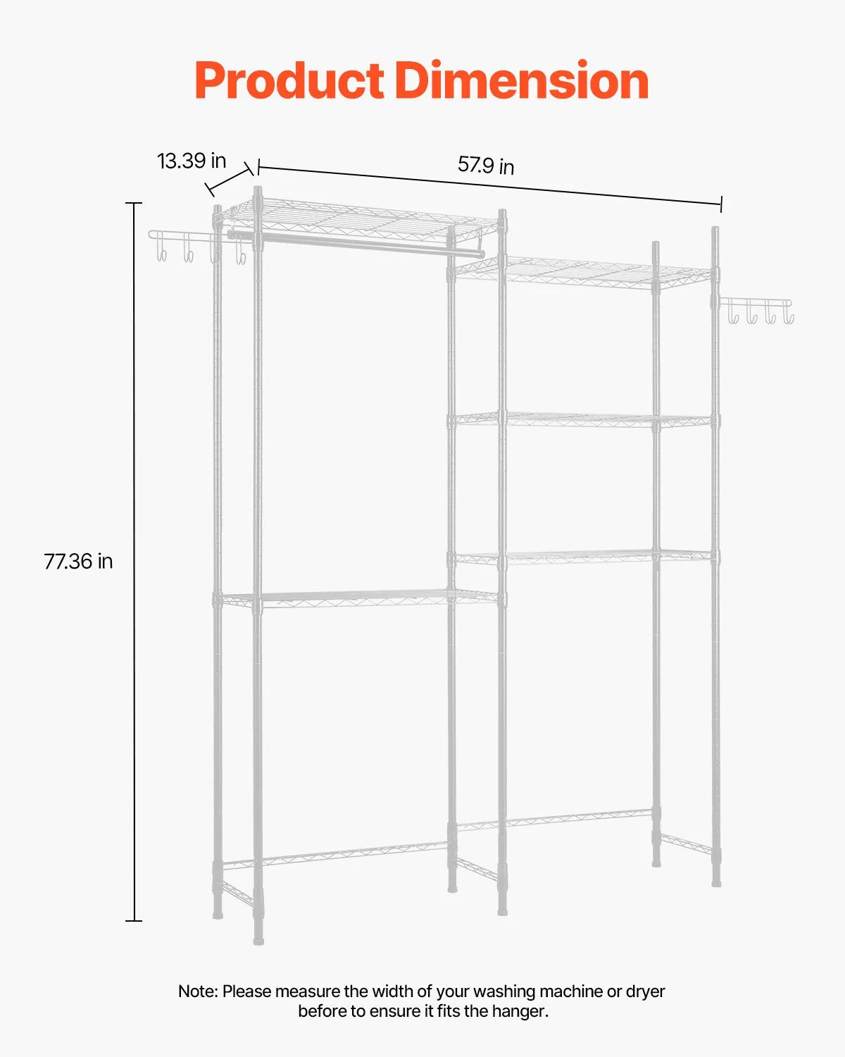 5-Tier Over Washer and Dryer Storage Shelf with Hanging Rod, Hooks & Adjustable Shelves, White