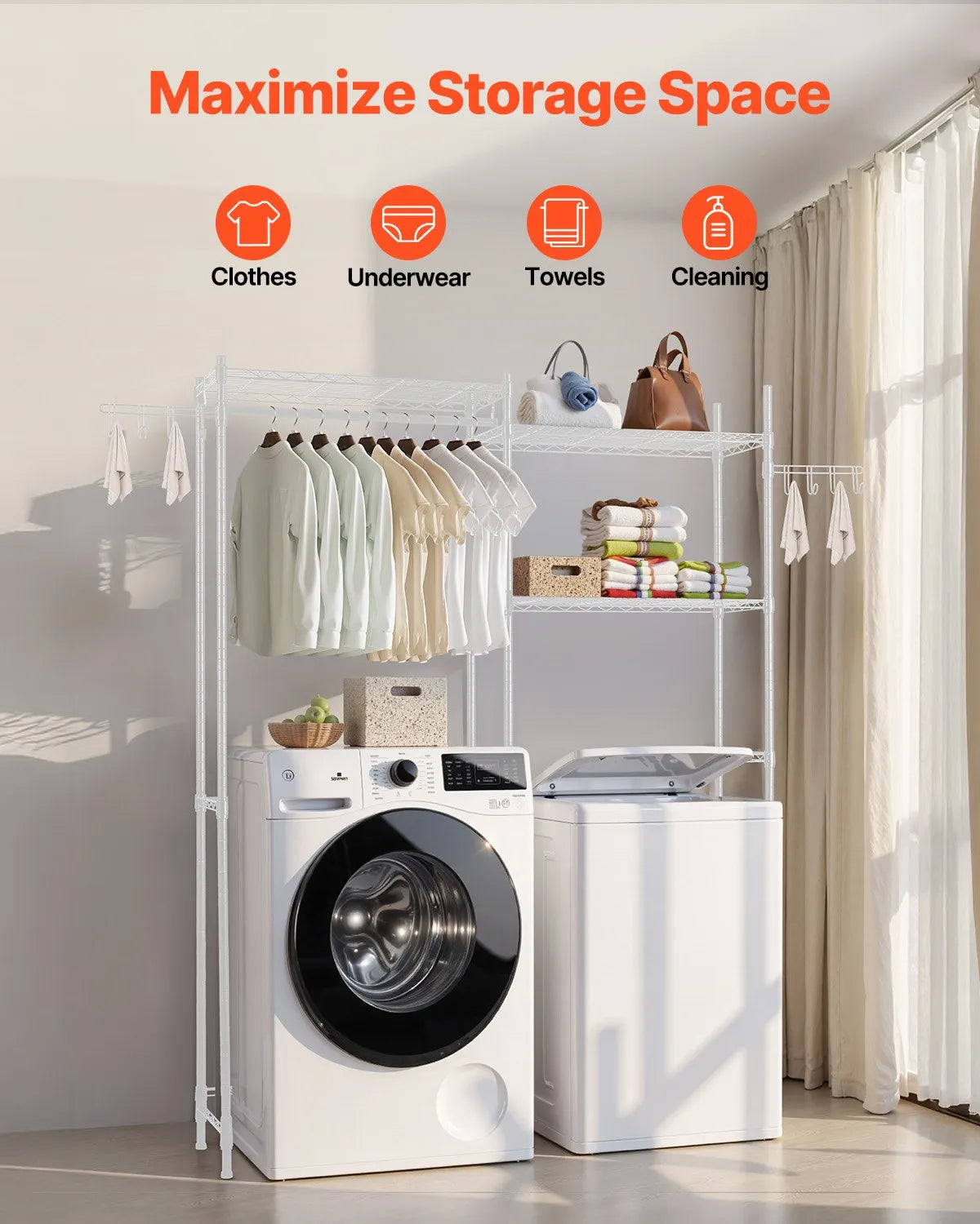 5-Tier Over Washer and Dryer Storage Shelf with Hanging Rod, Hooks & Adjustable Shelves, White
