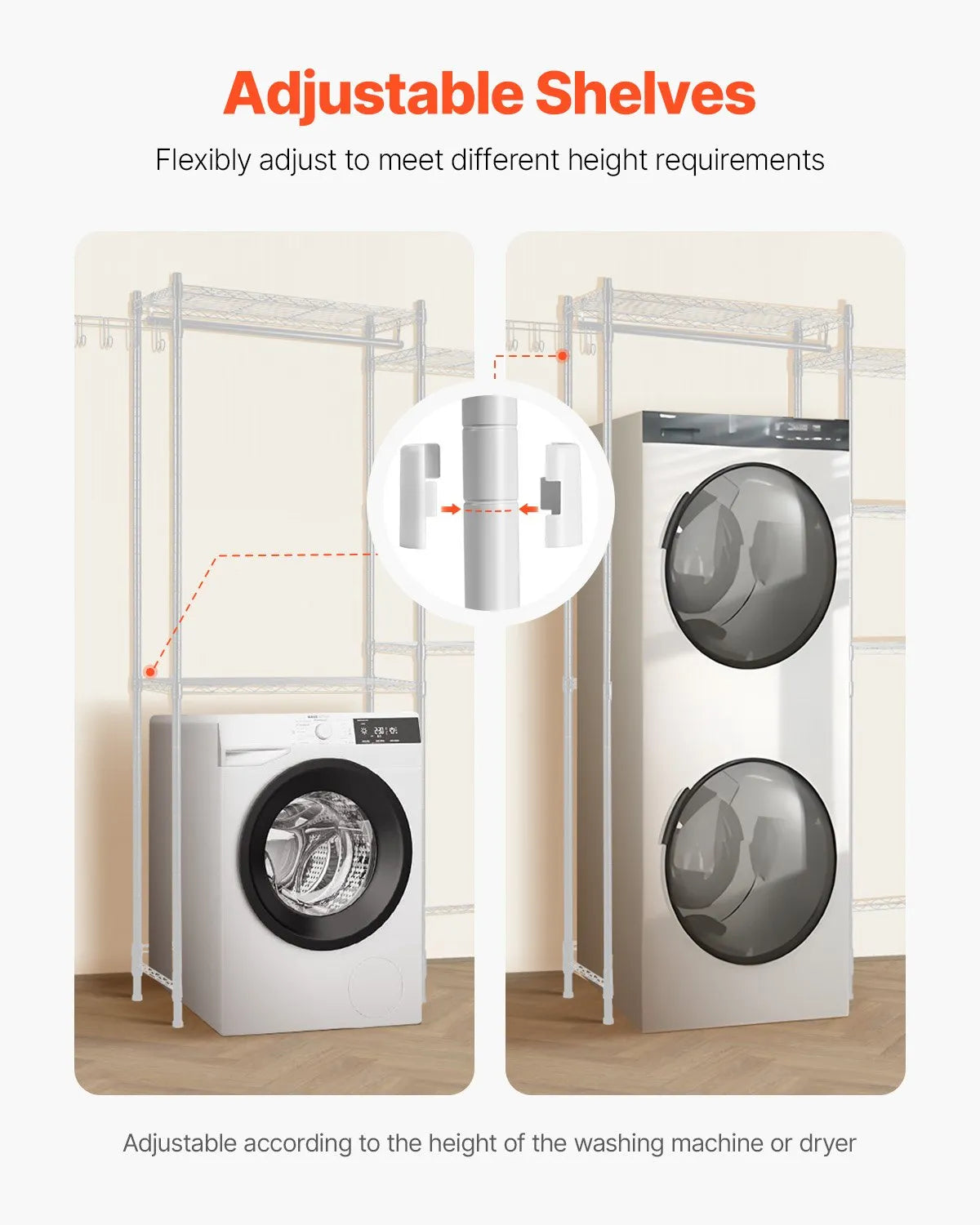 5-Tier Over Washer and Dryer Storage Shelf with Hanging Rod, Hooks & Adjustable Shelves, White