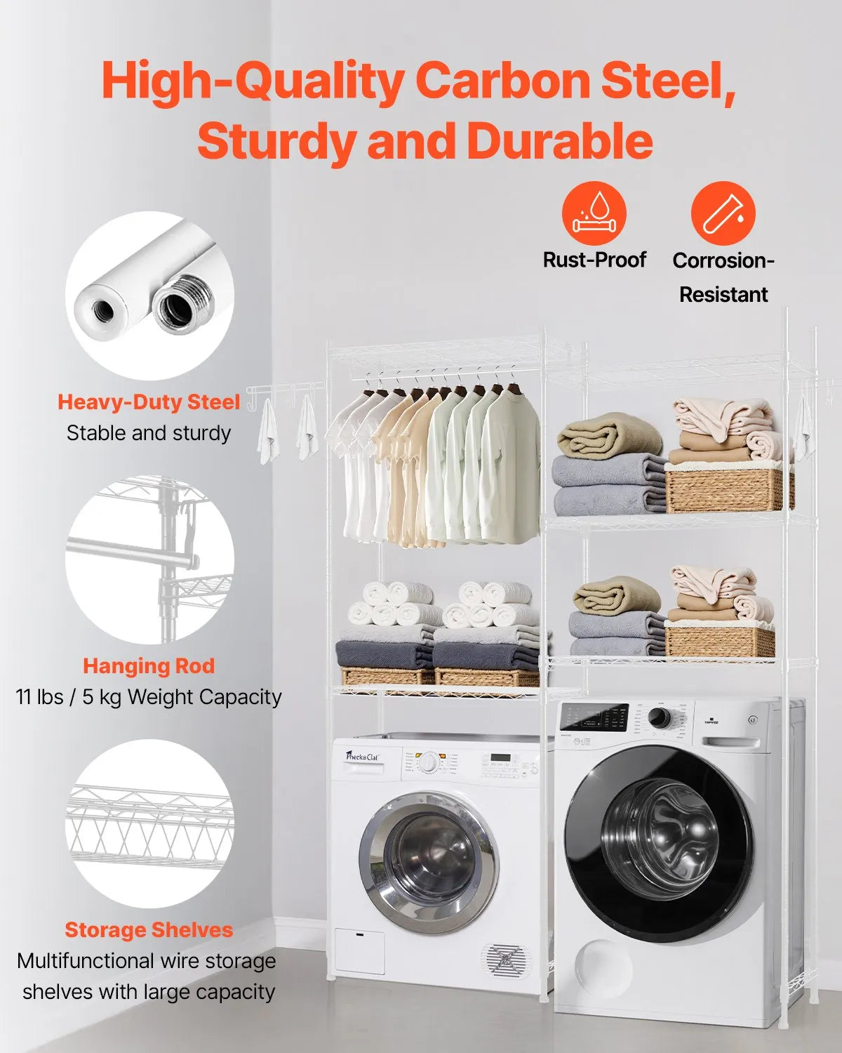 5-Tier Over Washer and Dryer Storage Shelf with Hanging Rod, Hooks & Adjustable Shelves, White