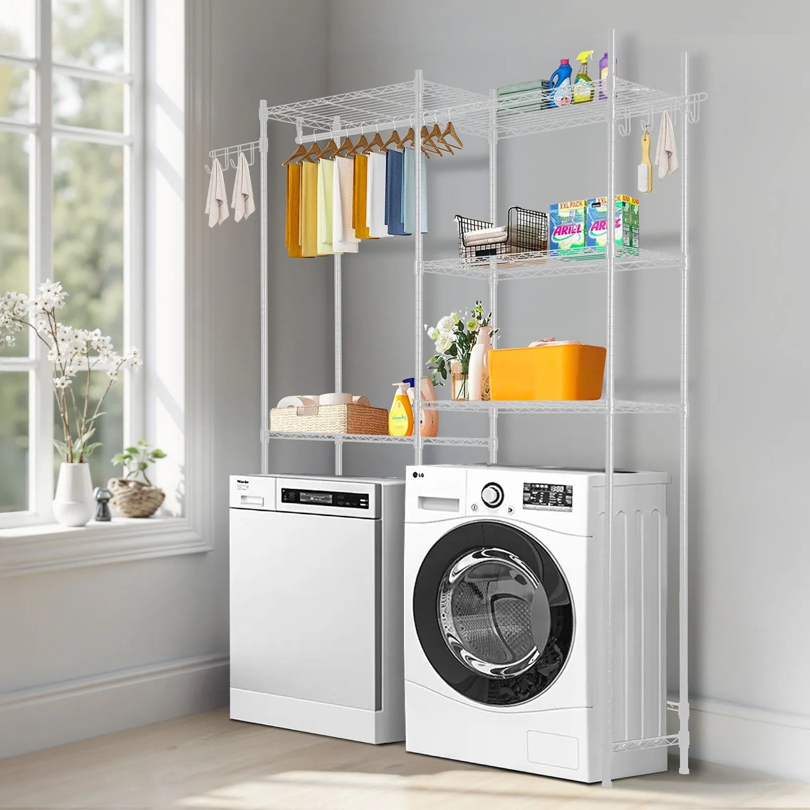 5-Tier Over Washer and Dryer Storage Shelf with Hanging Rod, Hooks & Adjustable Shelves, White