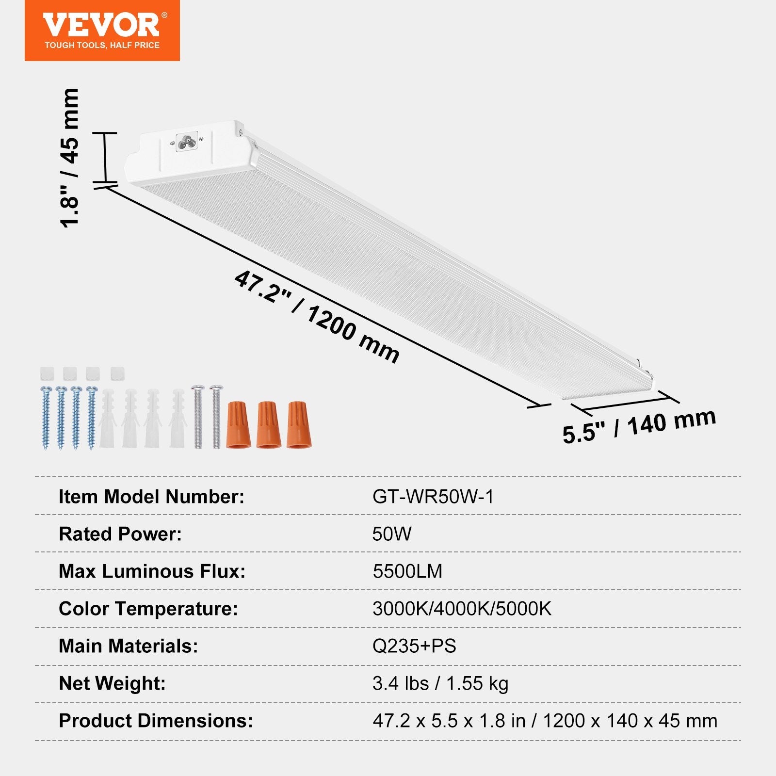VEVOR 4FT LED Wraparound Light, 50W, 5500LM Flush Mount LED Shop Light, 3000K/4000K/5000K Adjustable LED Kitchen Ceiling Lighting Fixtures for Garage Office Laundry Fluorescent Tube Replacement, FCC 