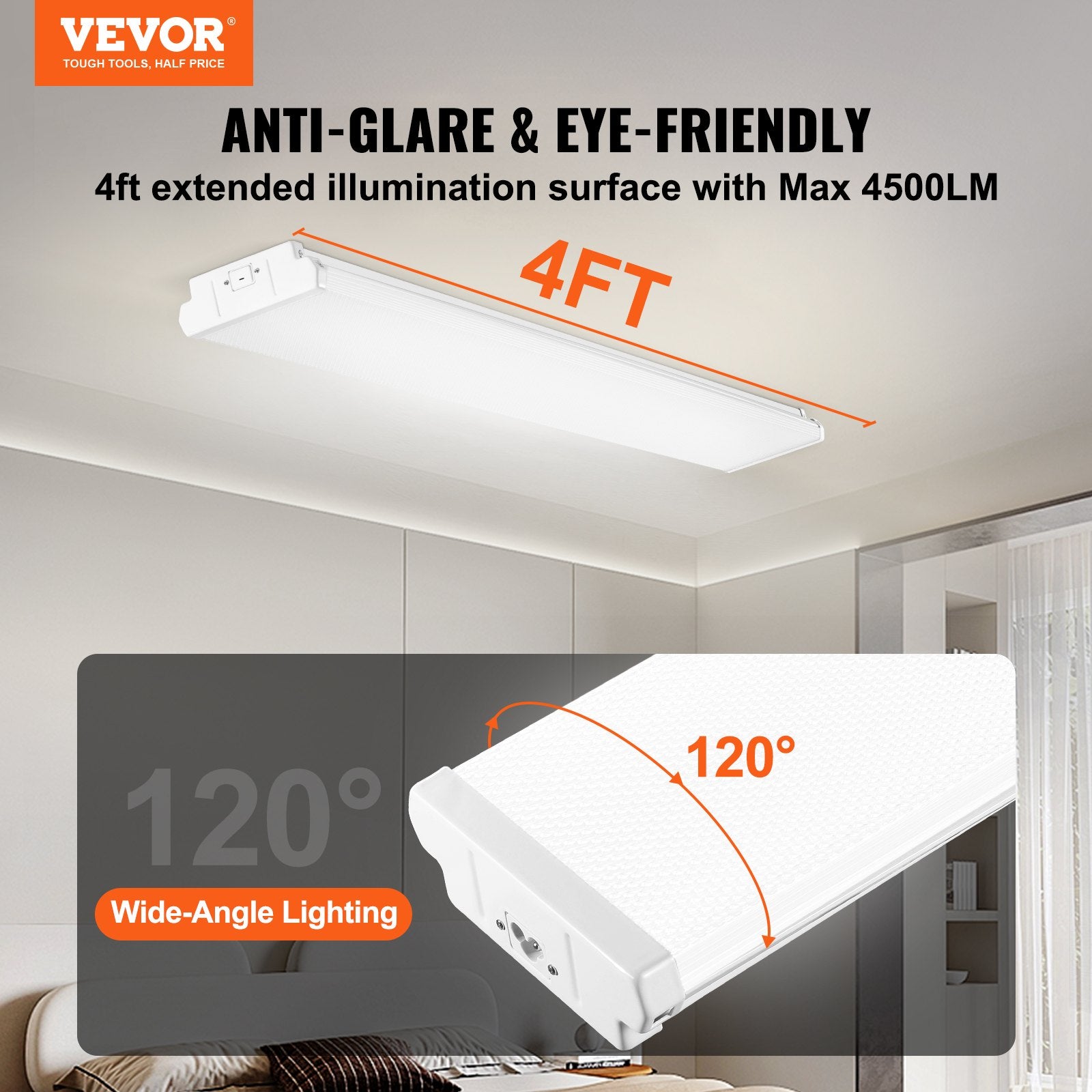 VEVOR 4FT LED Wraparound Light, 40W, 4500LM Flush Mount LED Shop Light, 6500K Daylight LED Kitchen Ceiling Lighting Fixtures, for Garage Office Laundry Craft Room Fluorescent Tube Replacement, FCC 