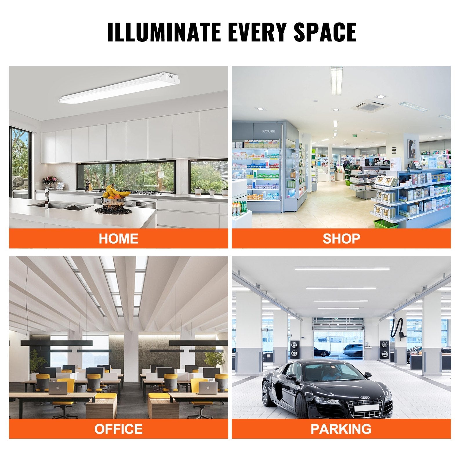 VEVOR 4FT LED Wraparound Light, 40W, 4500LM Flush Mount LED Shop Light, 6500K Daylight LED Kitchen Ceiling Lighting Fixtures, for Garage Office Laundry Craft Room Fluorescent Tube Replacement, FCC 