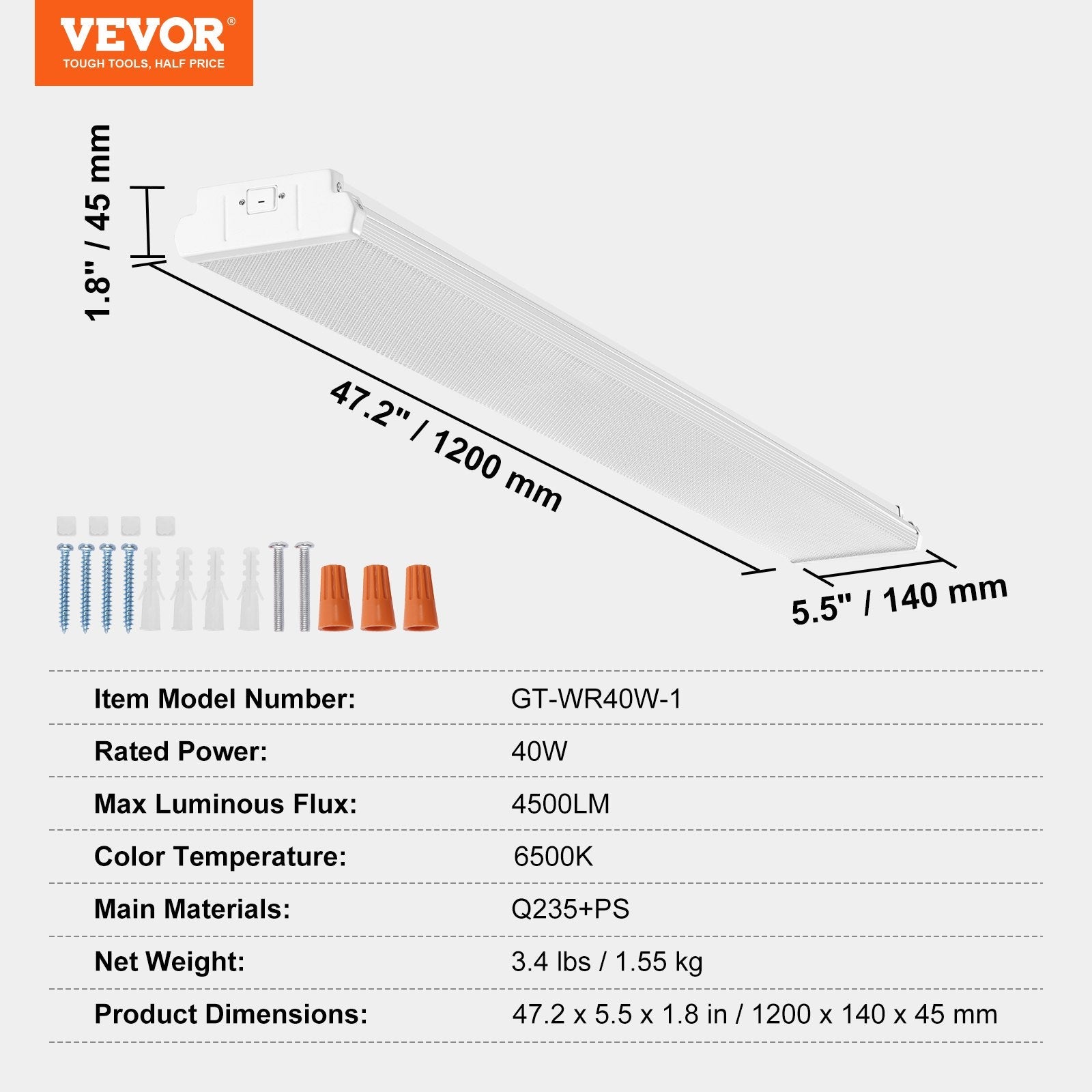 VEVOR 4FT LED Wraparound Light, 40W, 4500LM Flush Mount LED Shop Light, 6500K Daylight LED Kitchen Ceiling Lighting Fixtures, for Garage Office Laundry Craft Room Fluorescent Tube Replacement, FCC 