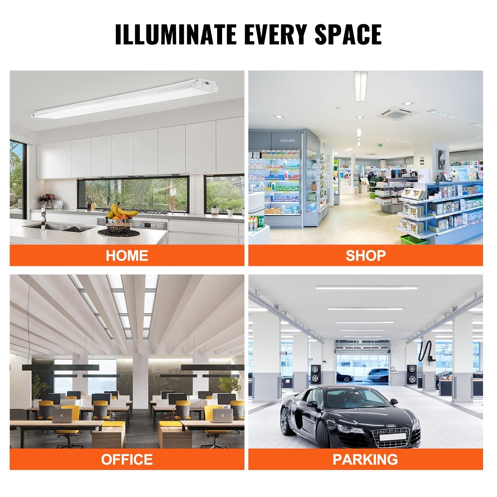 VEVOR 8FT LED Wraparound Light, 110W 10,000LM, Flush Mount LED Shop Light, 4 Pack 6500K Daylight LED Kitchen Ceiling Lighting Fixtures, for Garage Office Laundry Fluorescent Tube Replacement, FCC 