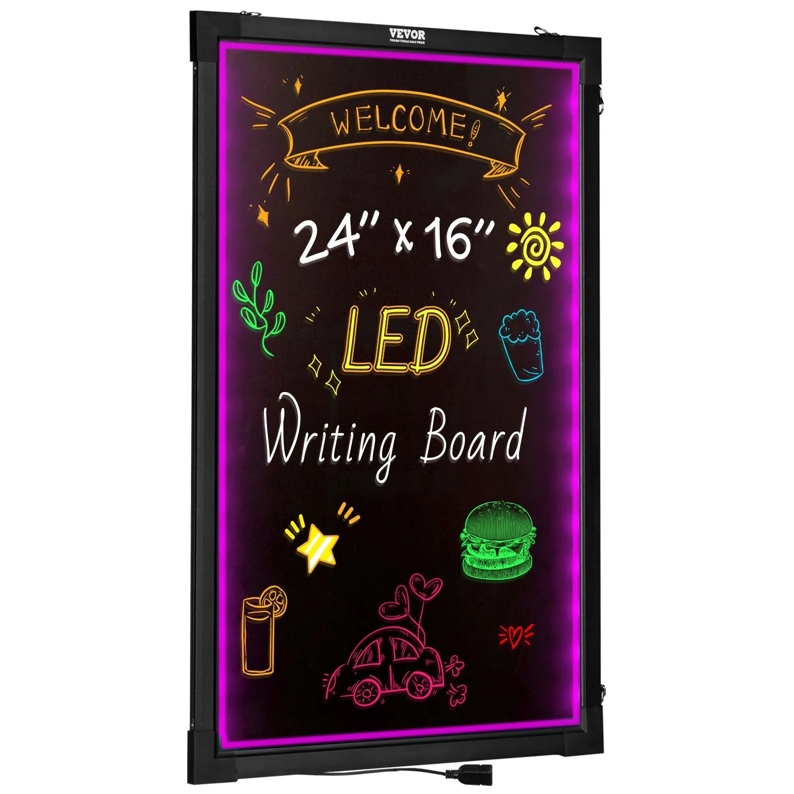 VEVOR LED Message Writing Board, 24"x16" Illuminated Erasable Lighted Chalkboard, Neon Effect Menu Sign Board, Drawing Board with 8 Fluorescent Chalk Markers and Remote Tested to UL Standards