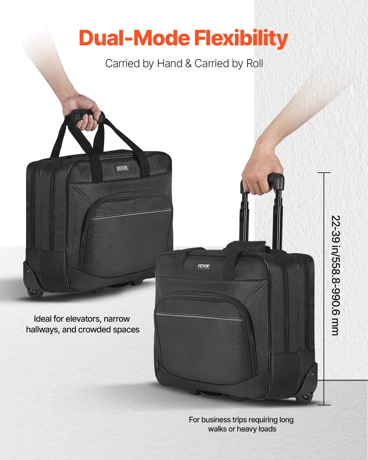 VEVOR Rolling Laptop Bag 15.6 Inch Wheeled Computer Bag for Women & Men Black