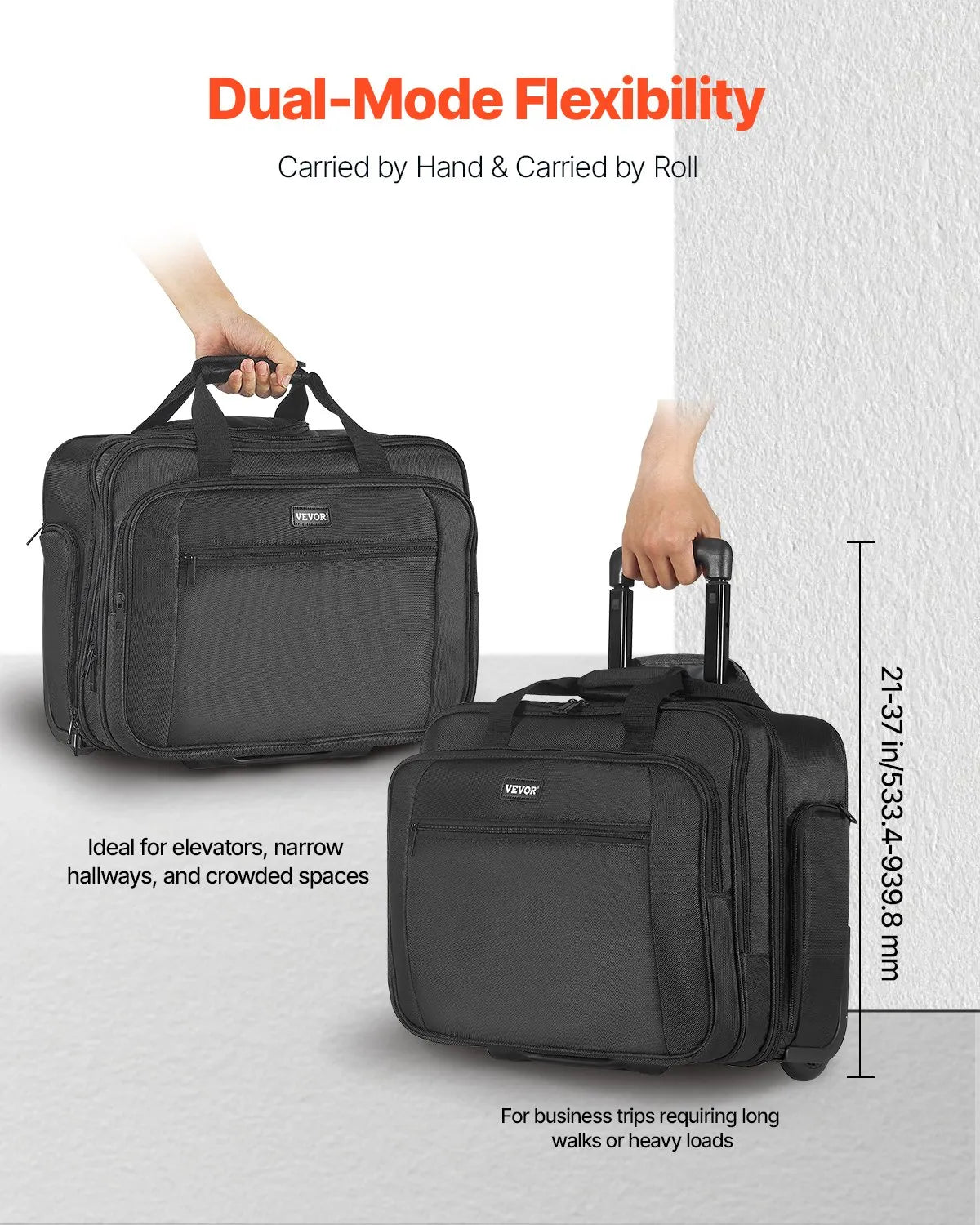 VEVOR Rolling Laptop Bag 17.3 Inch Wheeled Computer Bag for Women & Men Black