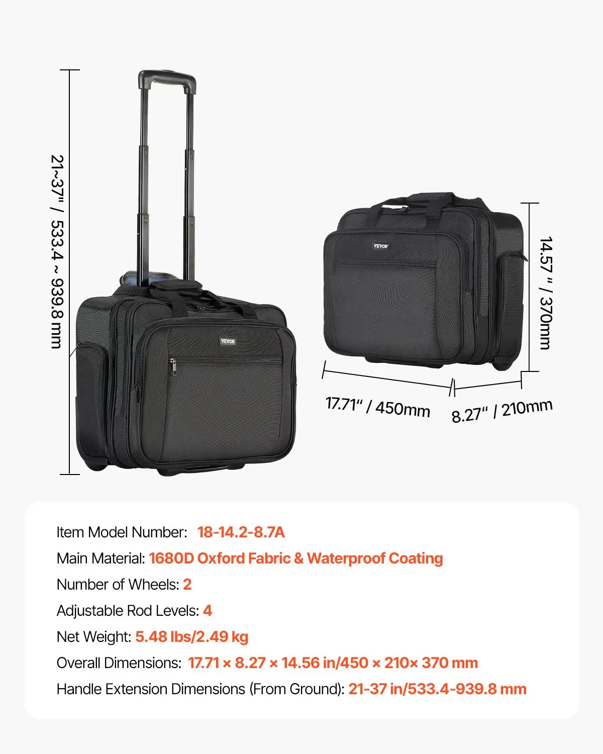 VEVOR Rolling Laptop Bag 17.3 Inch Wheeled Computer Bag for Women & Men Black
