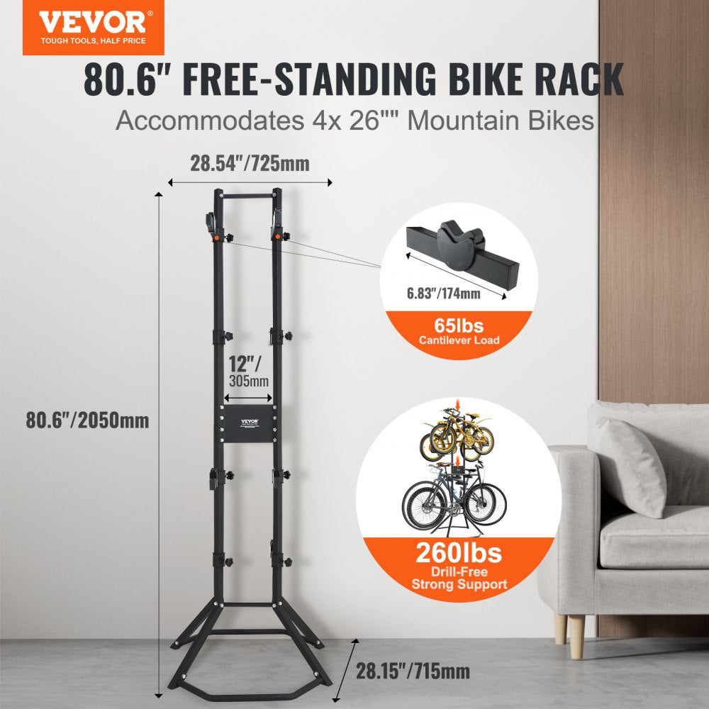 VEVOR 4 Bike Storage Rack, Free Standing Gravity Wall Vertical Bike Rack, Fully Adjustable Bike Rack Garage, Sturdy Steel & Easy Assemble, for Garage, Living Room, Shed, Holds Up to 260 lbs Black 