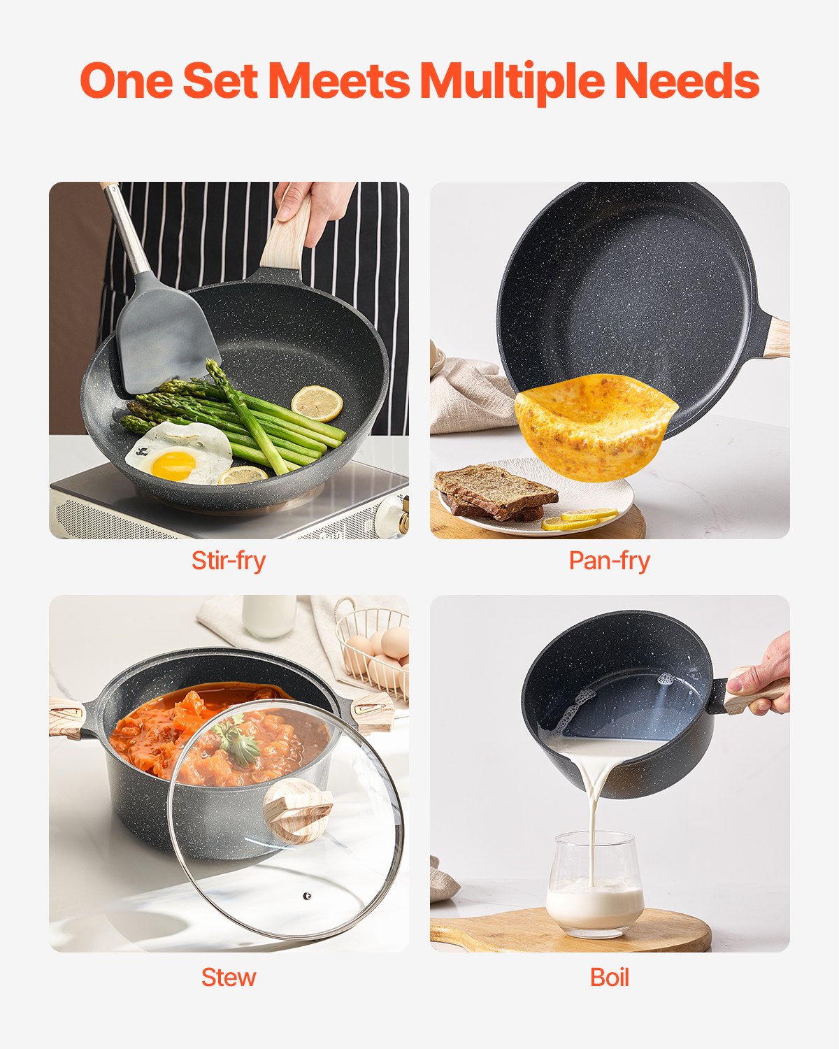 VEVOR 19 Piece Pots and Pans Set Granite Nonstick Kitchen Cookware Black 