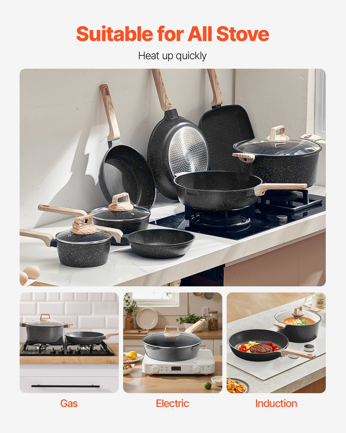 VEVOR 19 Piece Pots and Pans Set Granite Nonstick Kitchen Cookware Black 