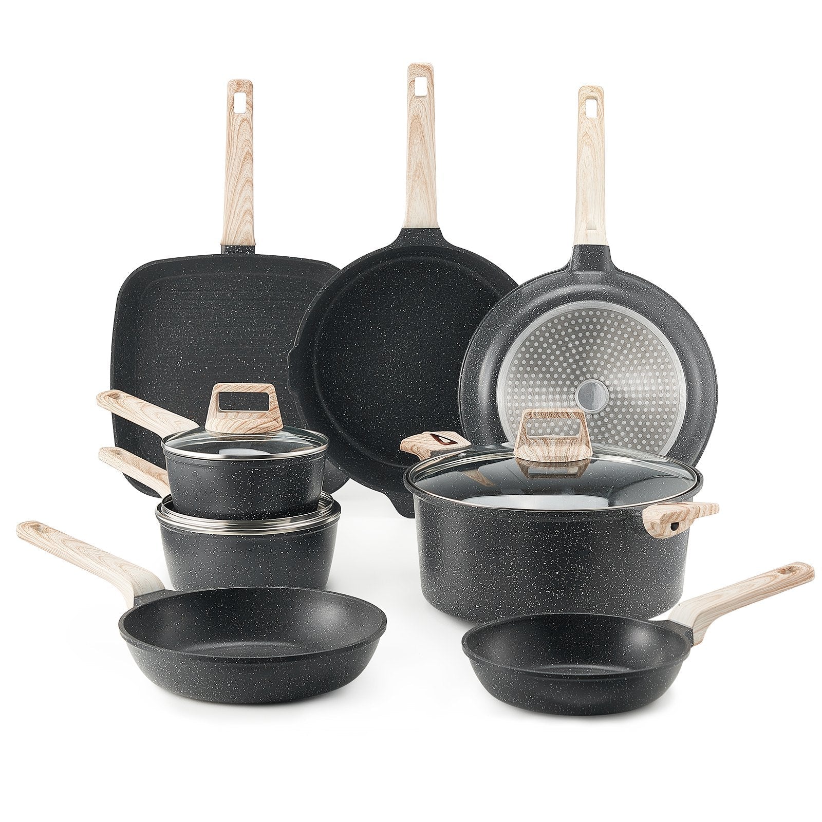 VEVOR 19 Piece Pots and Pans Set Granite Nonstick Kitchen Cookware Black 