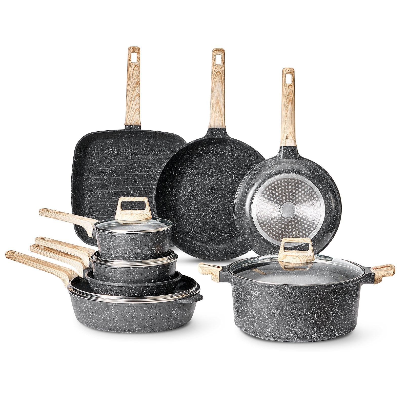 VEVOR 19 Piece Pots and Pans Set Granite Nonstick Kitchen Cookware Black 