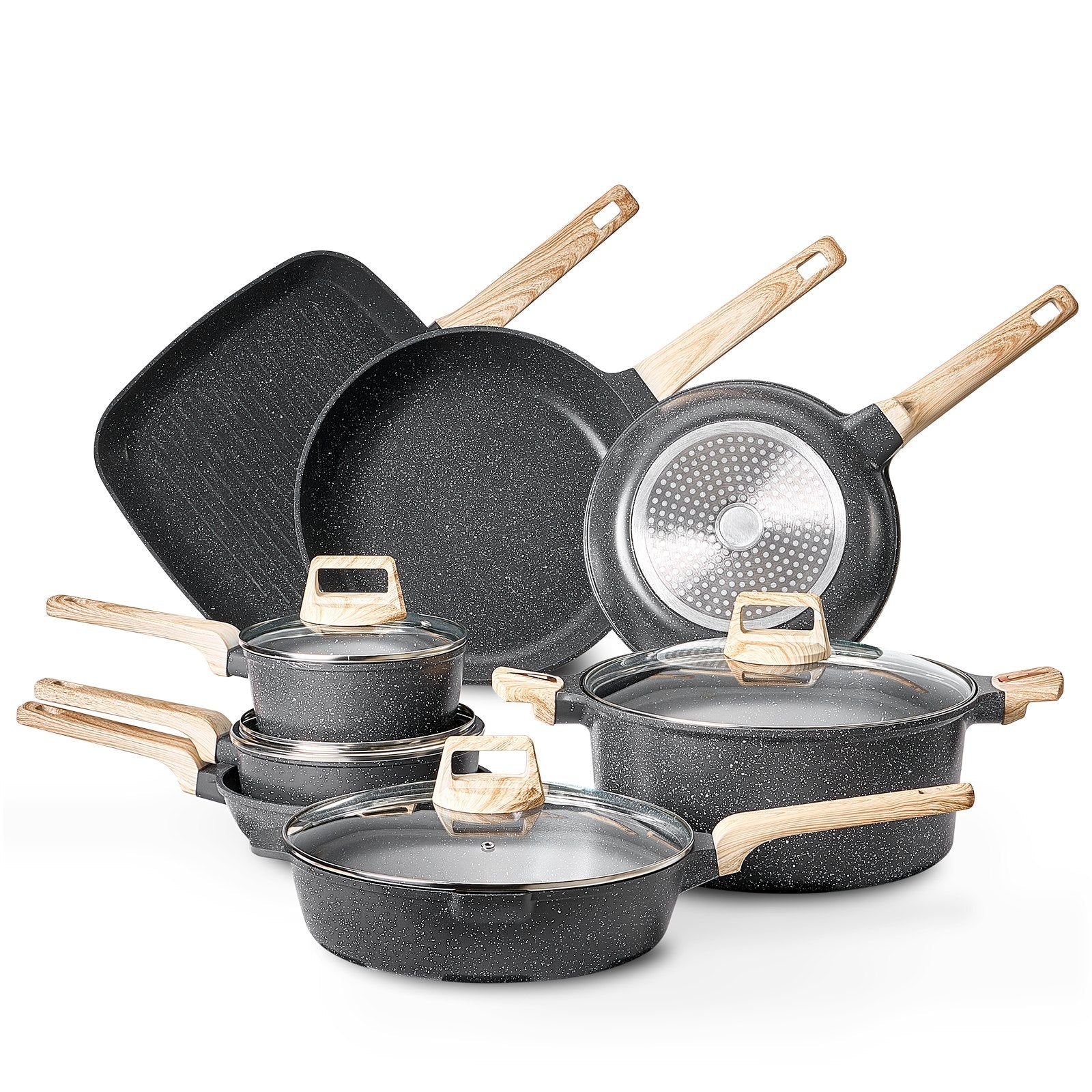 VEVOR 19 Piece Pots and Pans Set Granite Nonstick Kitchen Cookware Black 