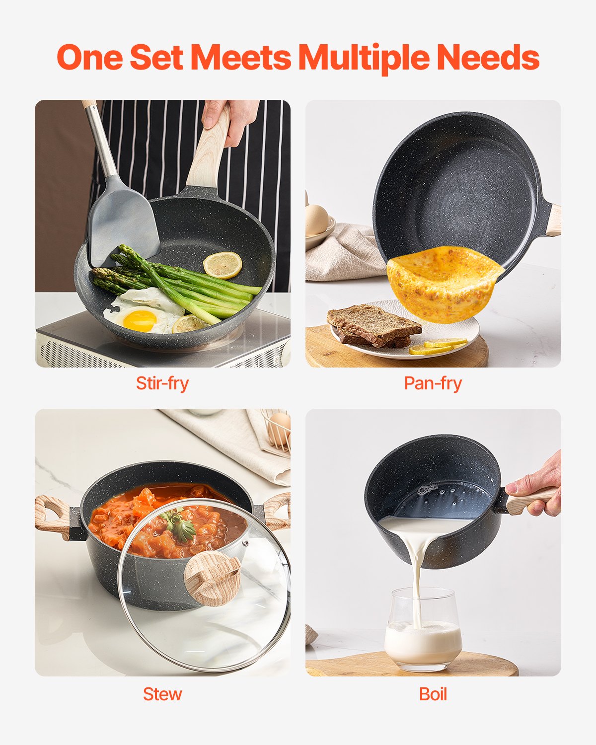 VEVOR 17 Piece Pots and Pans Set Granite Nonstick Kitchen Cookware Black 