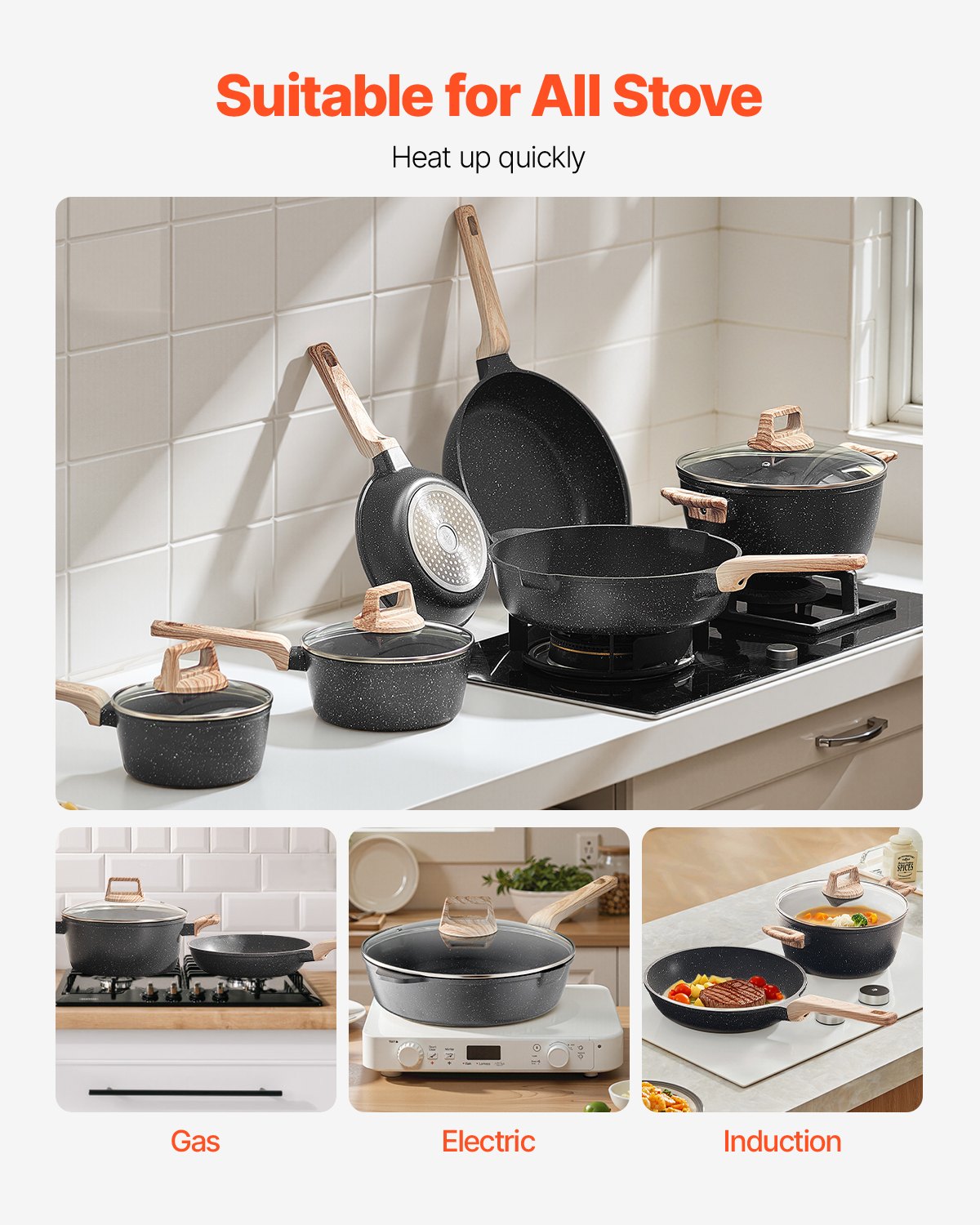 VEVOR 17 Piece Pots and Pans Set Granite Nonstick Kitchen Cookware Black 