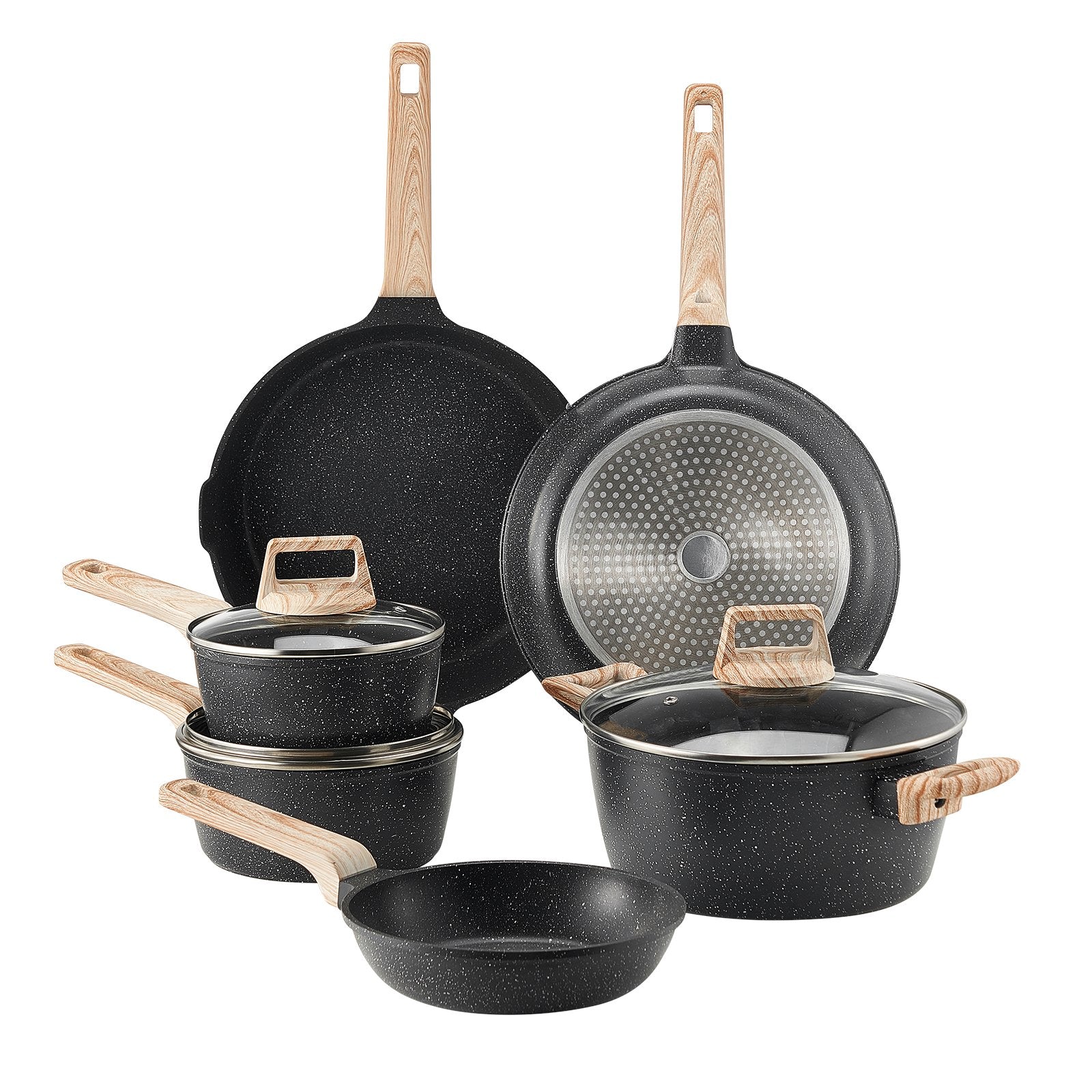 VEVOR 17 Piece Pots and Pans Set Granite Nonstick Kitchen Cookware Black 