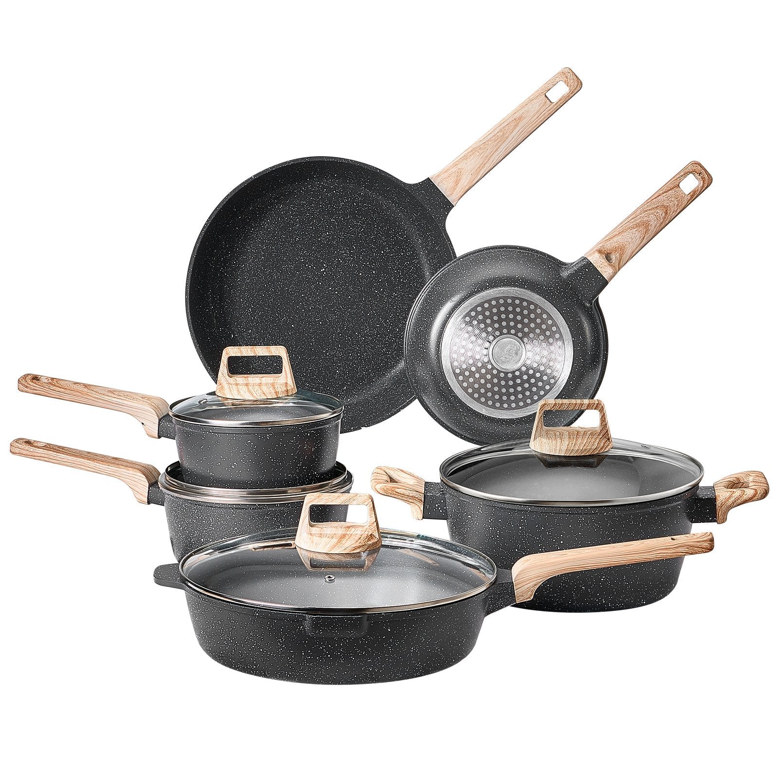 VEVOR 17 Piece Pots and Pans Set Granite Nonstick Kitchen Cookware Black 