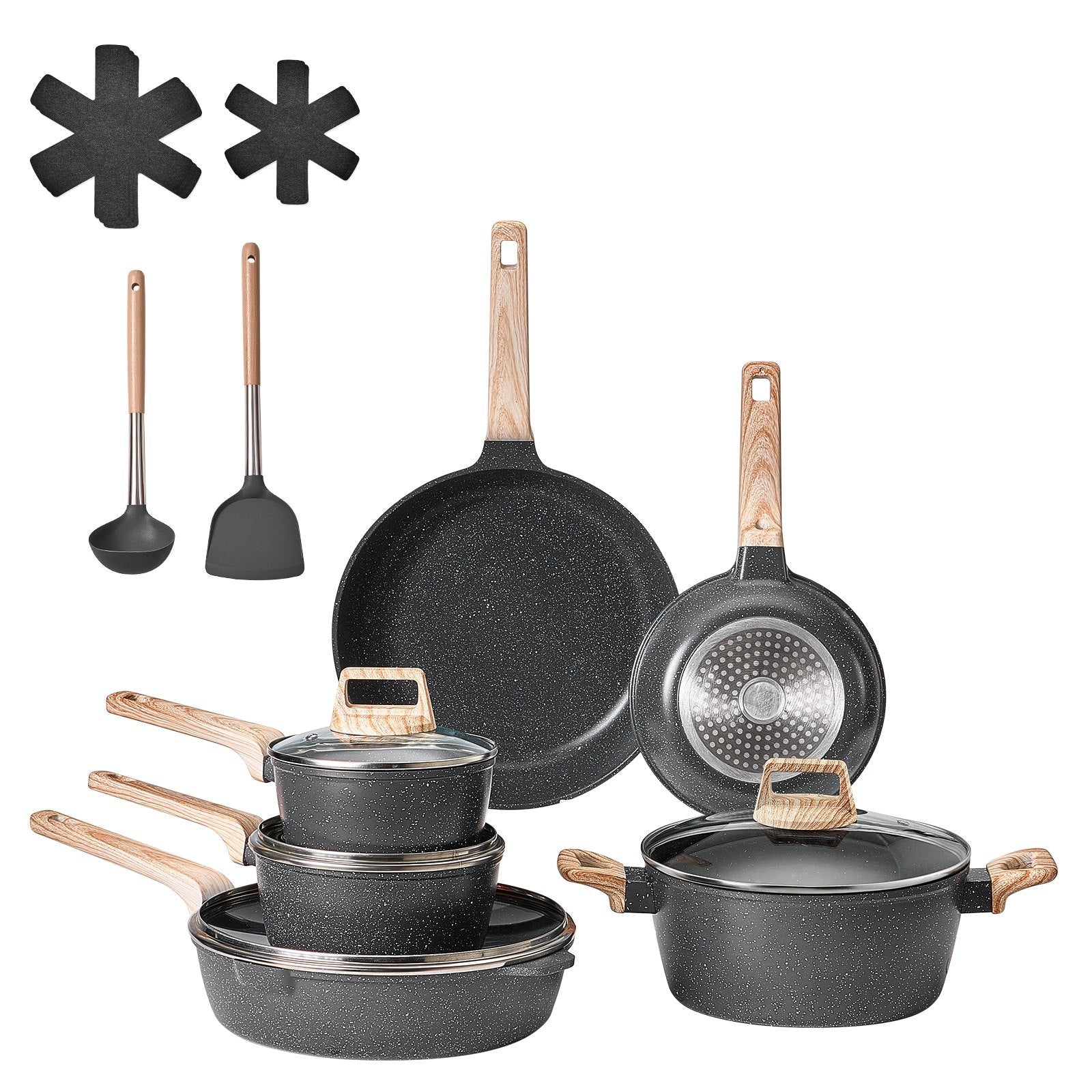 VEVOR 17 Piece Pots and Pans Set Granite Nonstick Kitchen Cookware Black 