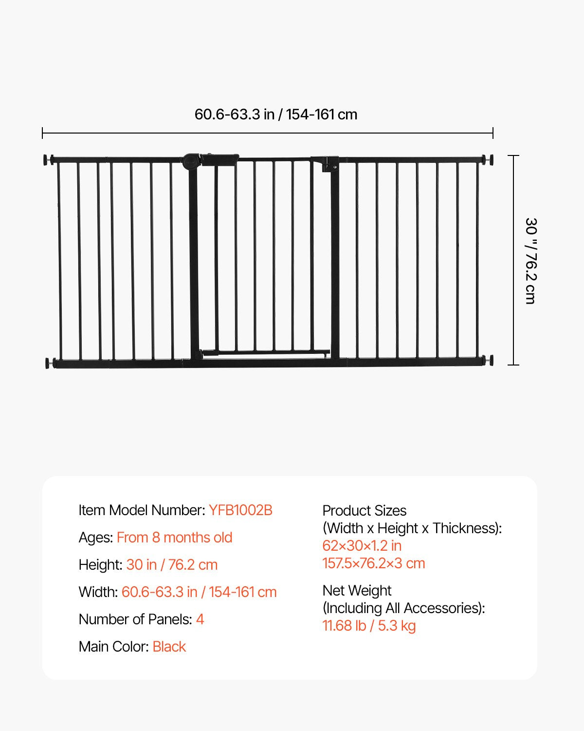 VEVOR Baby Gate 60.6-63.3 Inches Adjustable Width 30 Inches High Dog Gate Black 