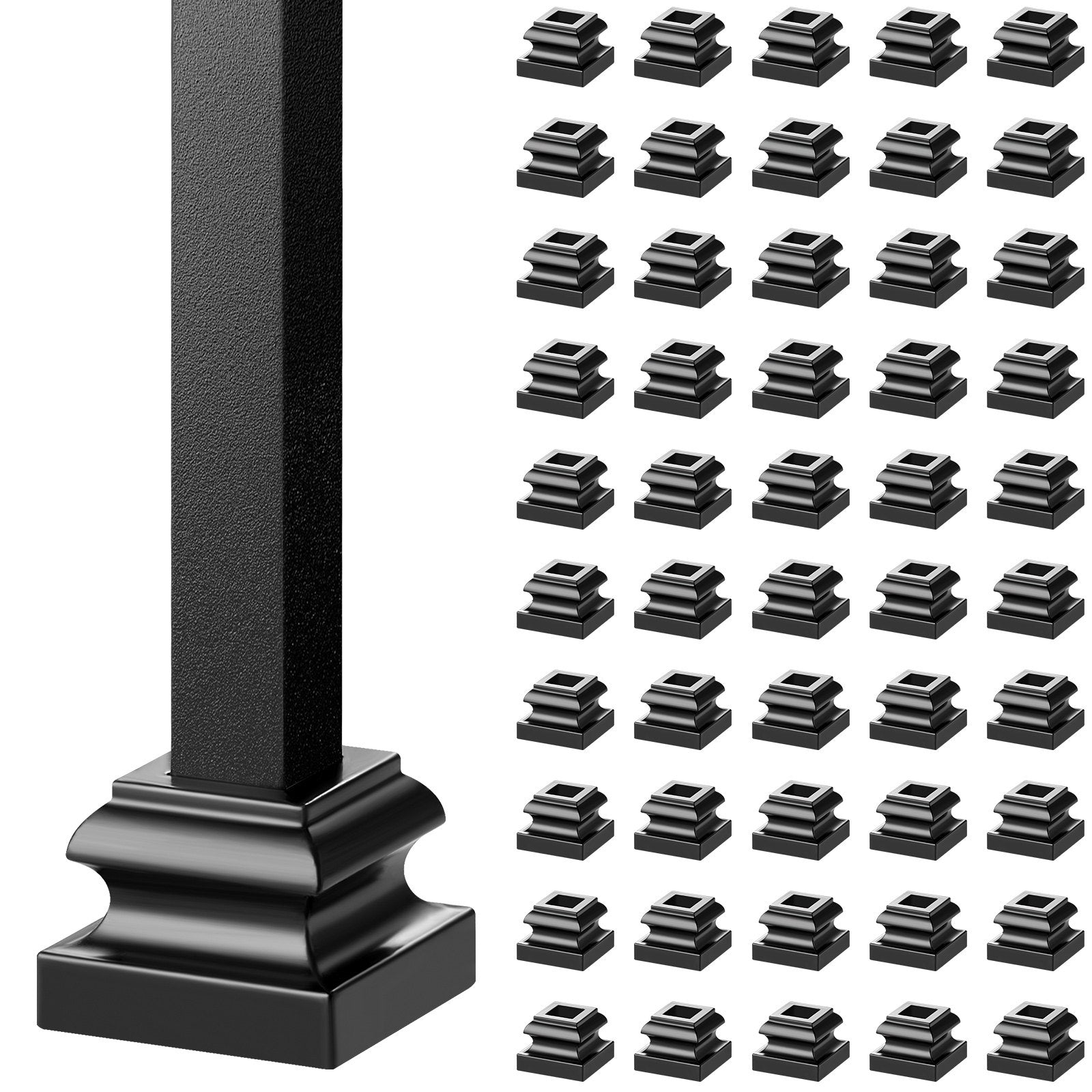 VEVOR Aluminum Alloy Baluster Shoes Stair Flat Shoe with Screw Holes for 1/2 Inch Square Scroll Basket Twist Knuckle Staircase Balusters Metal Spindle Railing, Satin Black (50 Pcs) 