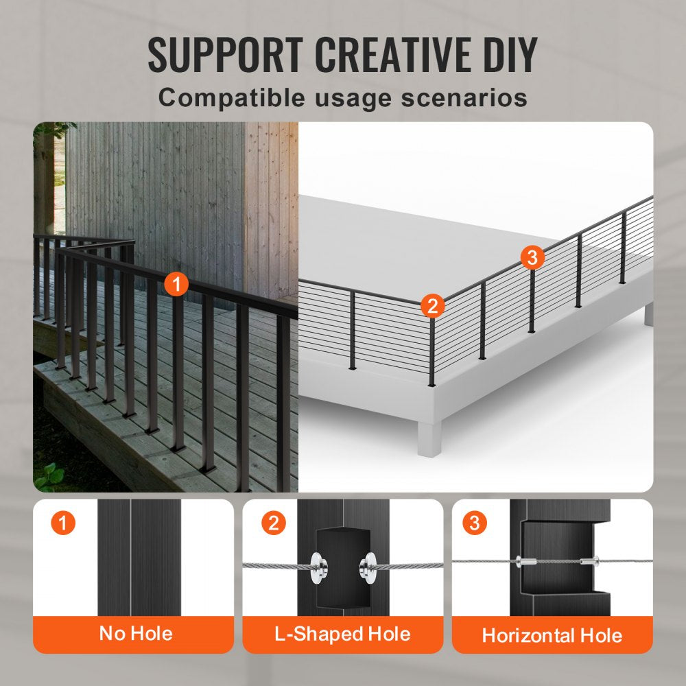 VEVOR Cable Railing Post, 36" x 1.5" x 1.5" Steel Level Deck Railing Post Without Holes, SUS304 Stainless Steel Cable Rail Post, Stair Handrail Post for DIY, 1-Pack, Black 