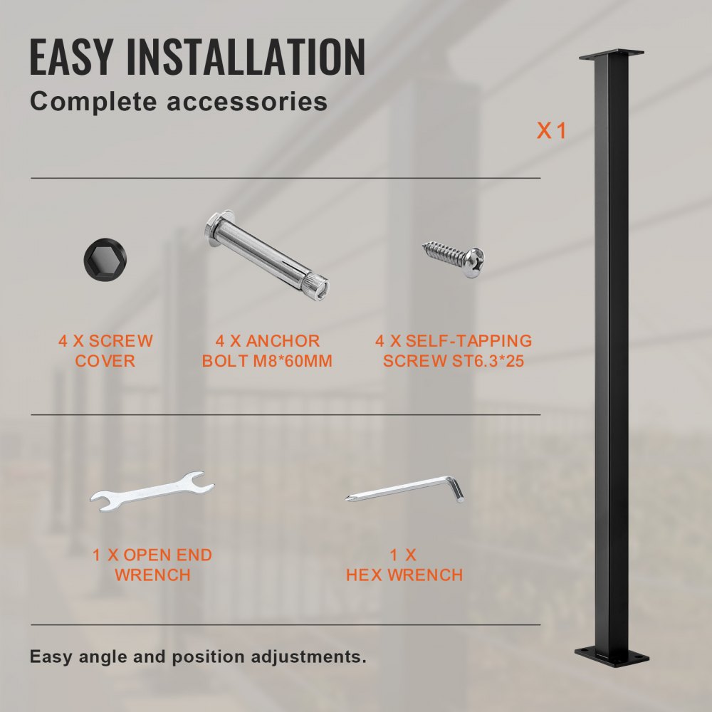 VEVOR Cable Railing Post, 36" x 1.5" x 1.5" Steel Level Deck Railing Post Without Holes, SUS304 Stainless Steel Cable Rail Post, Stair Handrail Post for DIY, 1-Pack, Black 