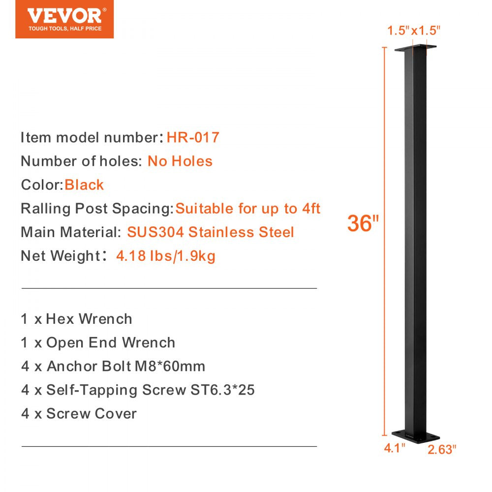VEVOR Cable Railing Post, 36" x 1.5" x 1.5" Steel Level Deck Railing Post Without Holes, SUS304 Stainless Steel Cable Rail Post, Stair Handrail Post for DIY, 1-Pack, Black 