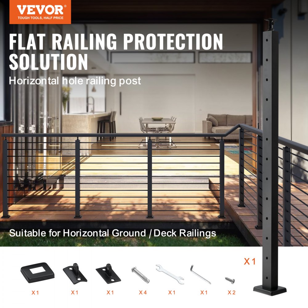 VEVOR Cable Railing Post 42x1x2in Horizontal Hole Deck Railing Post Black 1-Pack 