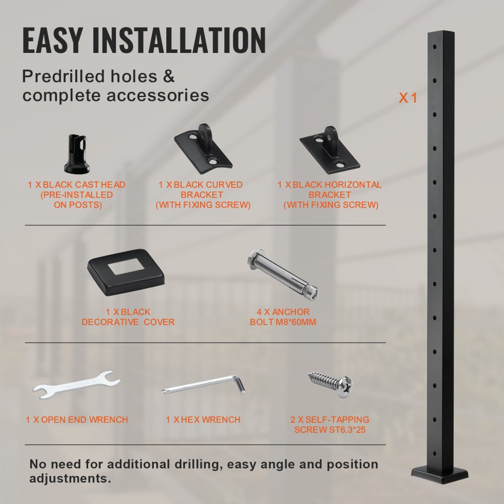 VEVOR Cable Railing Post 42x1x2in Horizontal Hole Deck Railing Post Black 1-Pack 