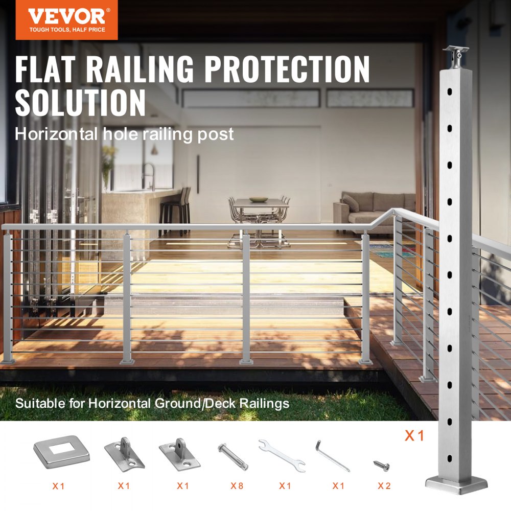 VEVOR Cable Railing Post, 36" x 1" x 2" Steel Horizontal Hole Deck Railing Post, 10 Pre-Drilled Holes, SUS304 Stainless Steel Cable Rail Post with Horizontal and Curved Bracket, 1-Pack, Silver 