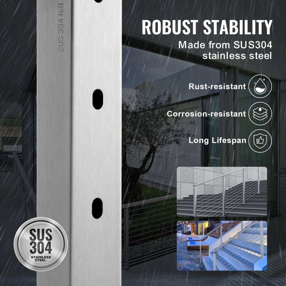 VEVOR Cable Railing Post, 36" x 1" x 2" Steel Horizontal Hole Deck Railing Post, 10 Pre-Drilled Holes, SUS304 Stainless Steel Cable Rail Post with Horizontal and Curved Bracket, 1-Pack, Silver 