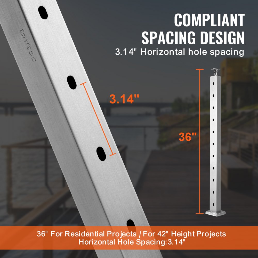 VEVOR Cable Railing Post, 36" x 1" x 2" Steel Horizontal Hole Deck Railing Post, 10 Pre-Drilled Holes, SUS304 Stainless Steel Cable Rail Post with Horizontal and Curved Bracket, 1-Pack, Silver 