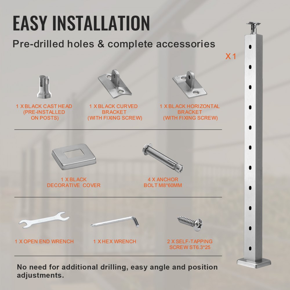 VEVOR Cable Railing Post, 36" x 1" x 2" Steel Horizontal Hole Deck Railing Post, 10 Pre-Drilled Holes, SUS304 Stainless Steel Cable Rail Post with Horizontal and Curved Bracket, 1-Pack, Silver 