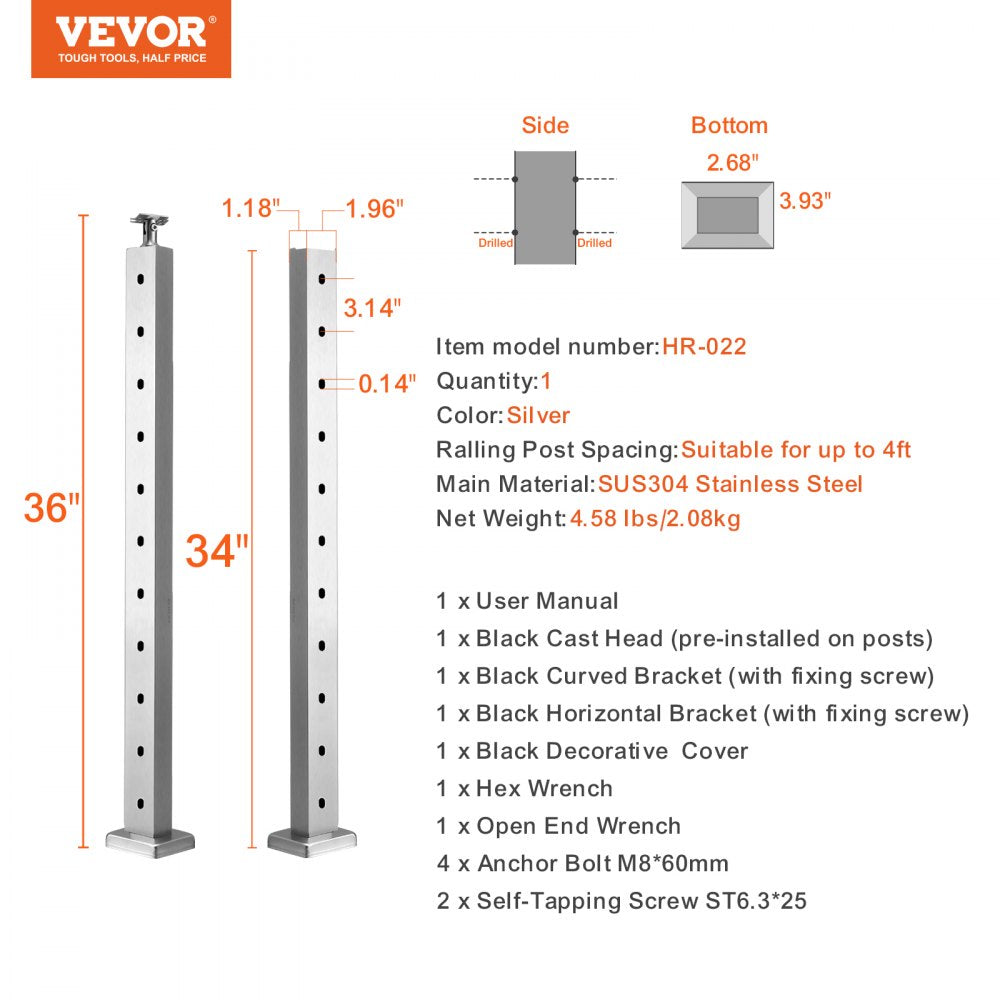 VEVOR Cable Railing Post, 36" x 1" x 2" Steel Horizontal Hole Deck Railing Post, 10 Pre-Drilled Holes, SUS304 Stainless Steel Cable Rail Post with Horizontal and Curved Bracket, 1-Pack, Silver 