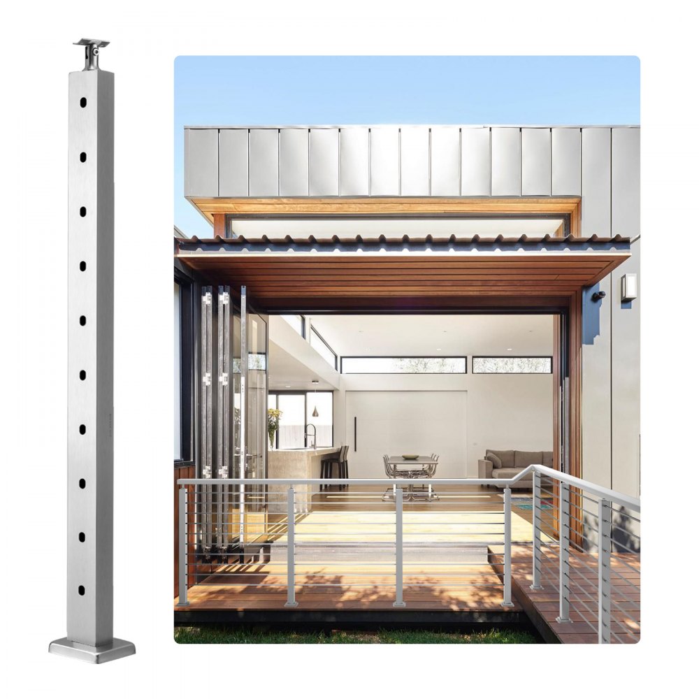 VEVOR Cable Railing Post, 36" x 1" x 2" Steel Horizontal Hole Deck Railing Post, 10 Pre-Drilled Holes, SUS304 Stainless Steel Cable Rail Post with Horizontal and Curved Bracket, 1-Pack, Silver 