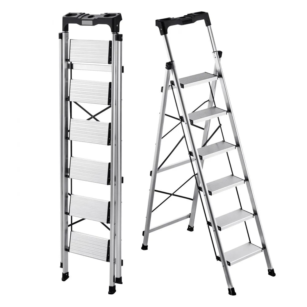 6-Step Folding Ladder – 330 lb Capacity Aluminum Step Ladder with Tool Tray & Anti-Slip Pedals – Silver
