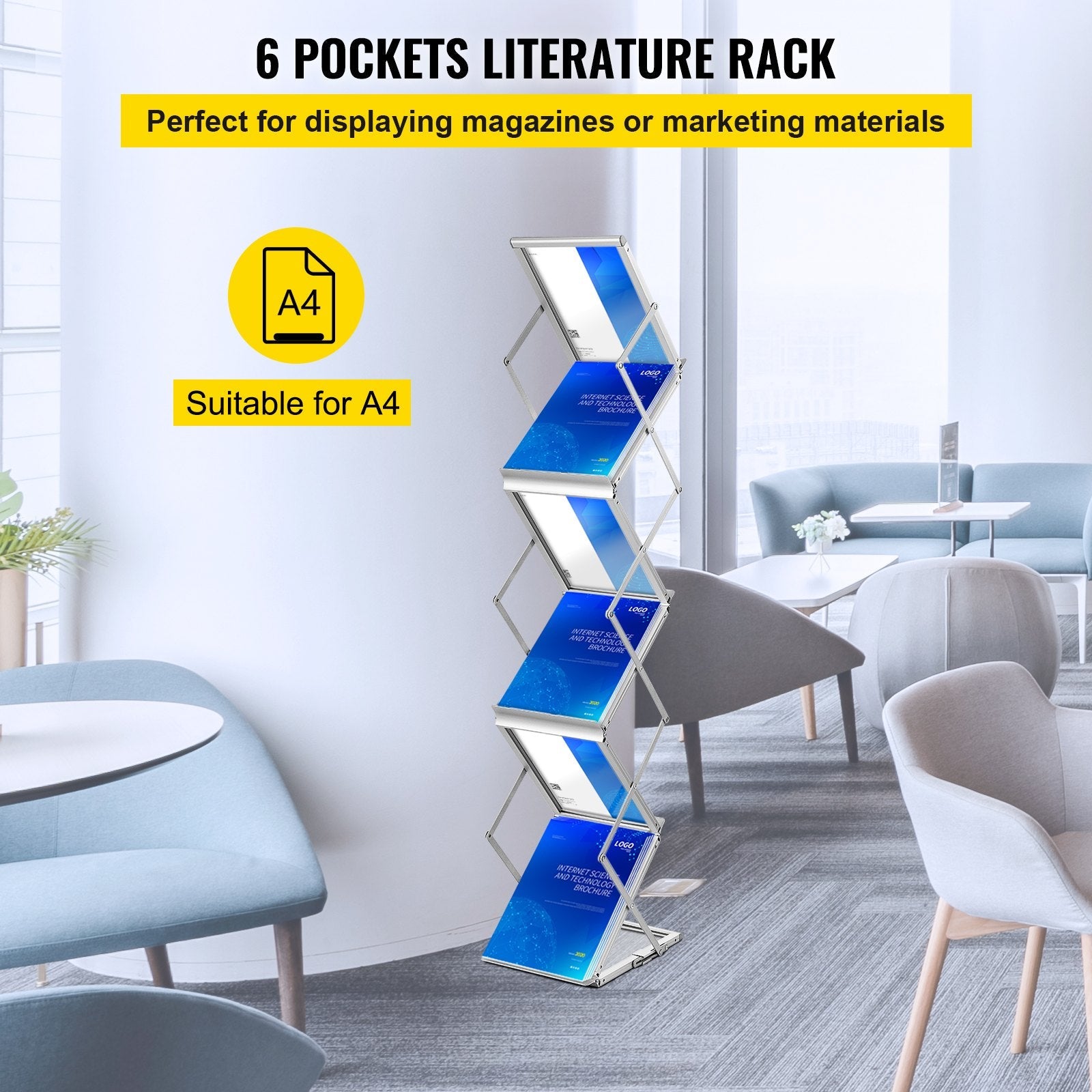 VEVOR Literature Rack, 6 Pockets, Pop up Aluminum Magazine Rack, Lightweight Catalog Holder Stand w/ Carrying Bag for Hotel, Trade Show, Exhibition, Office, Retail Store 