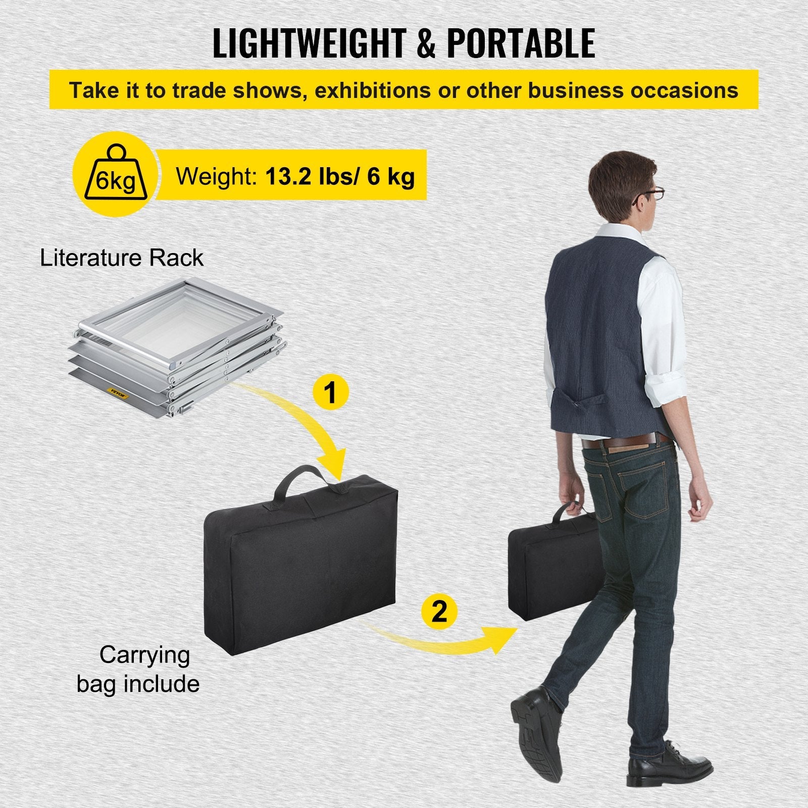 VEVOR Literature Rack, 6 Pockets, Pop up Aluminum Magazine Rack, Lightweight Catalog Holder Stand w/ Carrying Bag for Hotel, Trade Show, Exhibition, Office, Retail Store 