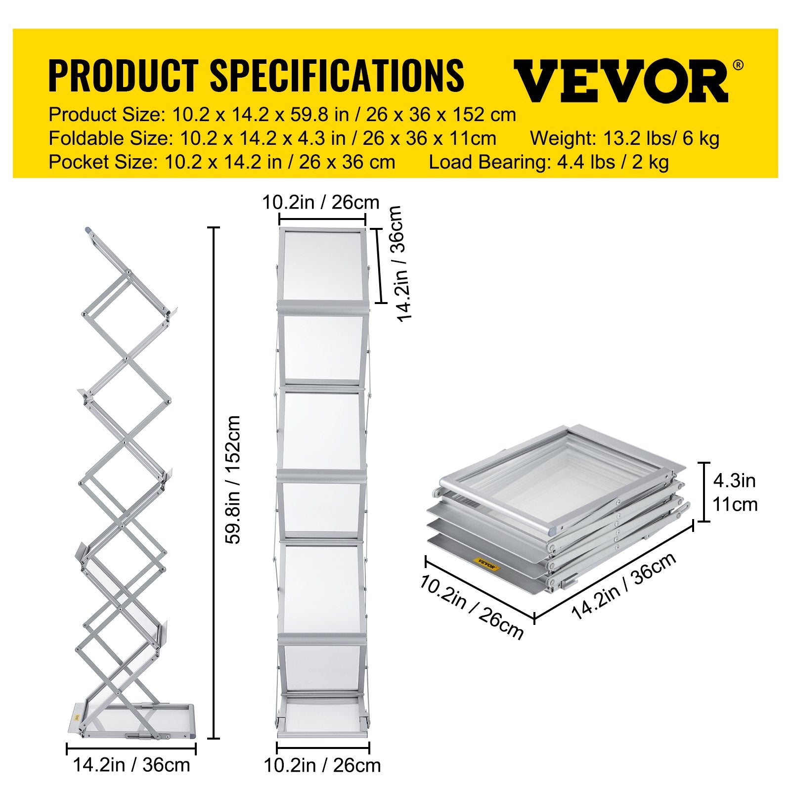 VEVOR Literature Rack, 6 Pockets, Pop up Aluminum Magazine Rack, Lightweight Catalog Holder Stand w/ Carrying Bag for Hotel, Trade Show, Exhibition, Office, Retail Store 