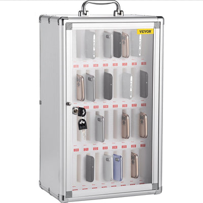 VEVOR 36 Slots Cell Phone Cabinet Silver Aluminum Alloy Pocket Chart Storage Locker Box with Portable Handle, Key Lock & Handwritten Tags, Wall Mounted for Classroom, Office, Gym 