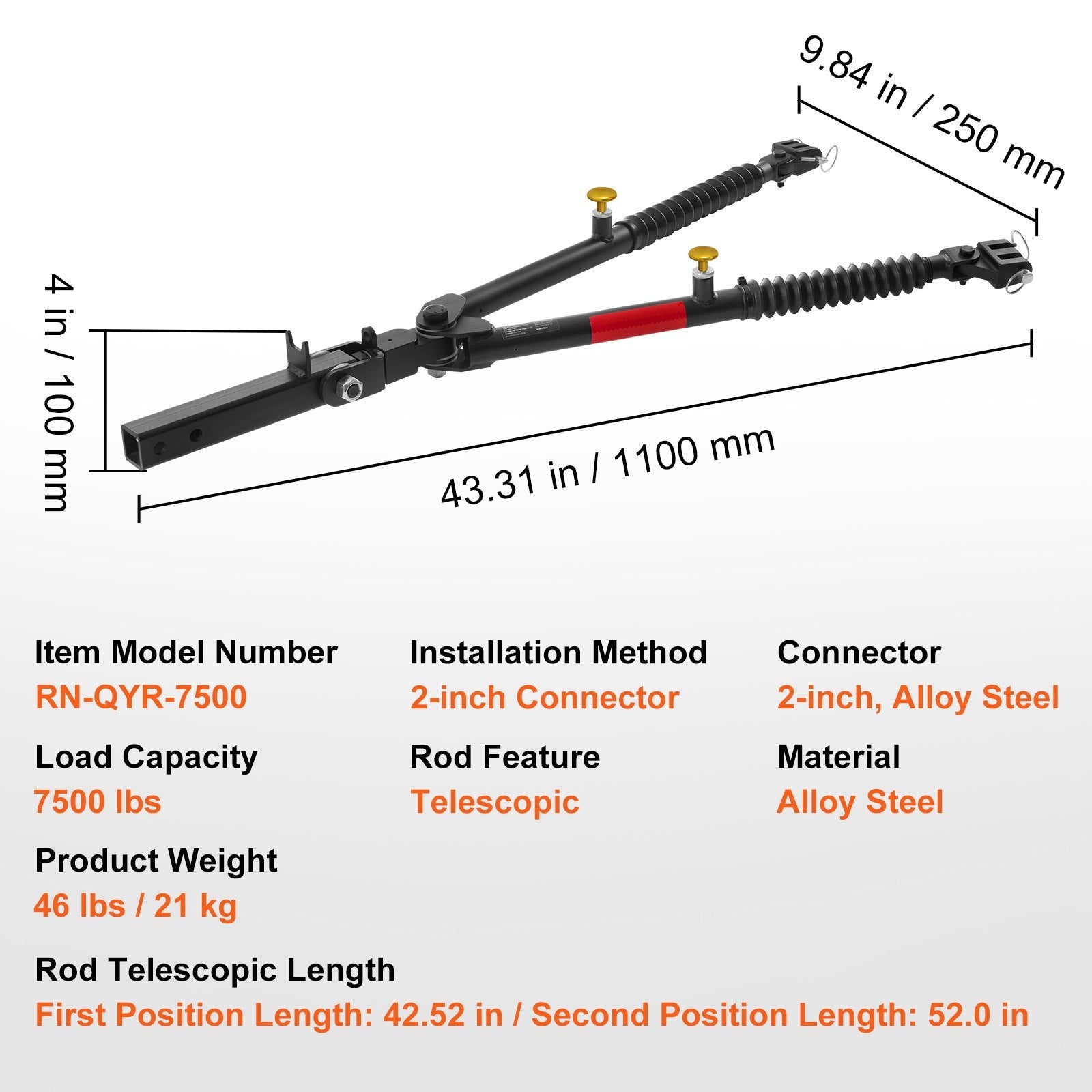 VEVOR Tow Bar Bumper Mount Tow Bar 7500 lbs Fits 2-inch Connector with Ropes 