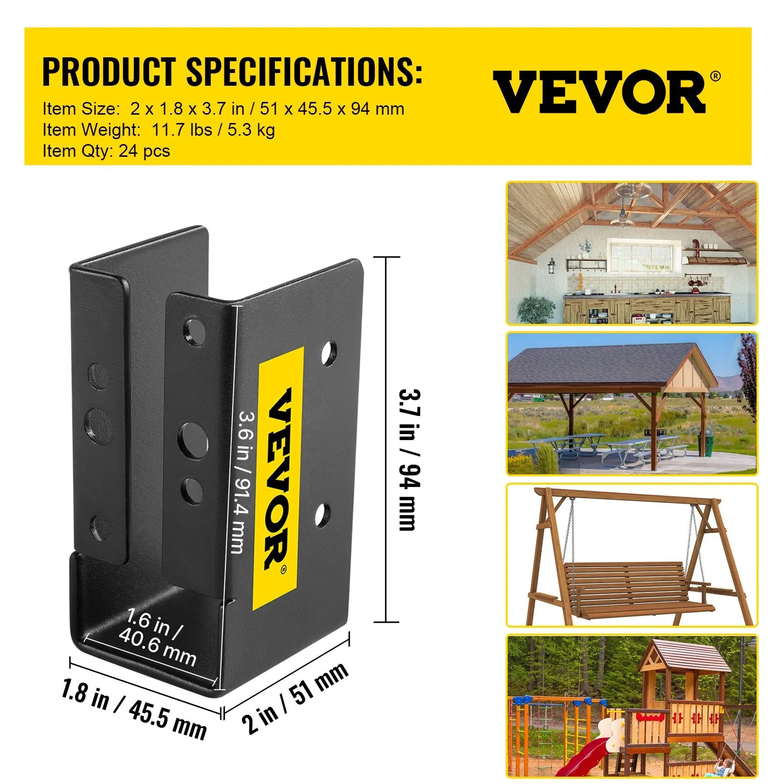 VEVOR Concealed Joist Hanger, 2"x4" Outdoor Accent Concealed-Flange, Pack of 24 Concealed Joist Bracket, Q235 Steel Plate Powder-Coated Concealed Face Mount Joist Hanger for 2"x4" Beam Swing, 3.7