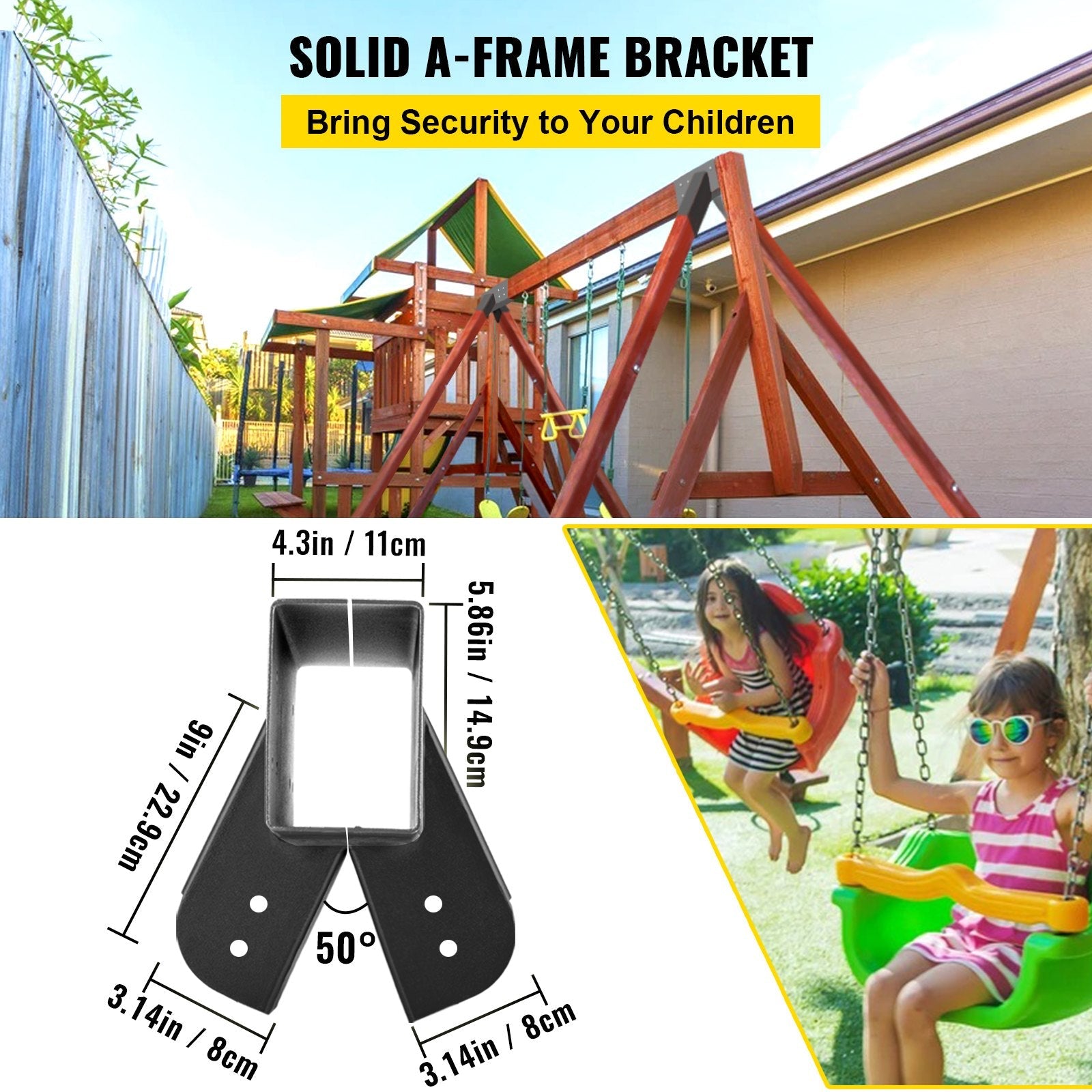 VEVOR Swing Set Bracket 9.84" Swing Bracket A-Frame Construction Swing Set Hardware Iron Material with Black Powder Coated DIY Swing Set End Bracket Swing Set Kit for 2(4x4") Legs & 1(4x6") beam-2PCS 